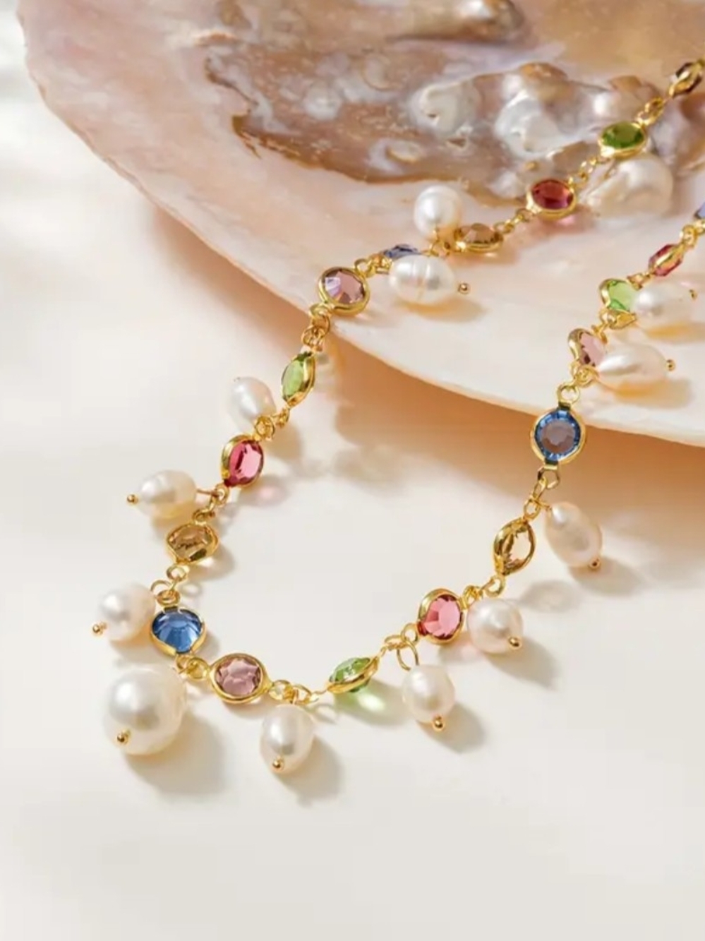 Gold Filled Multicolor Gem Freshwater Pearl Drop Necklace